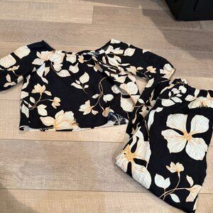 CYNTHIA ROWLEY WOMENS 2 PIECE BLACK FLORAL 100% LINEN OUTFIT SMALL